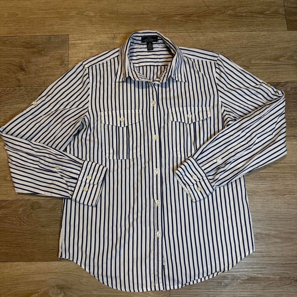 Lauren Ralph Lauren Striped Button Up Shirt Roll Tab Sleeve Dual Pocket Size XS